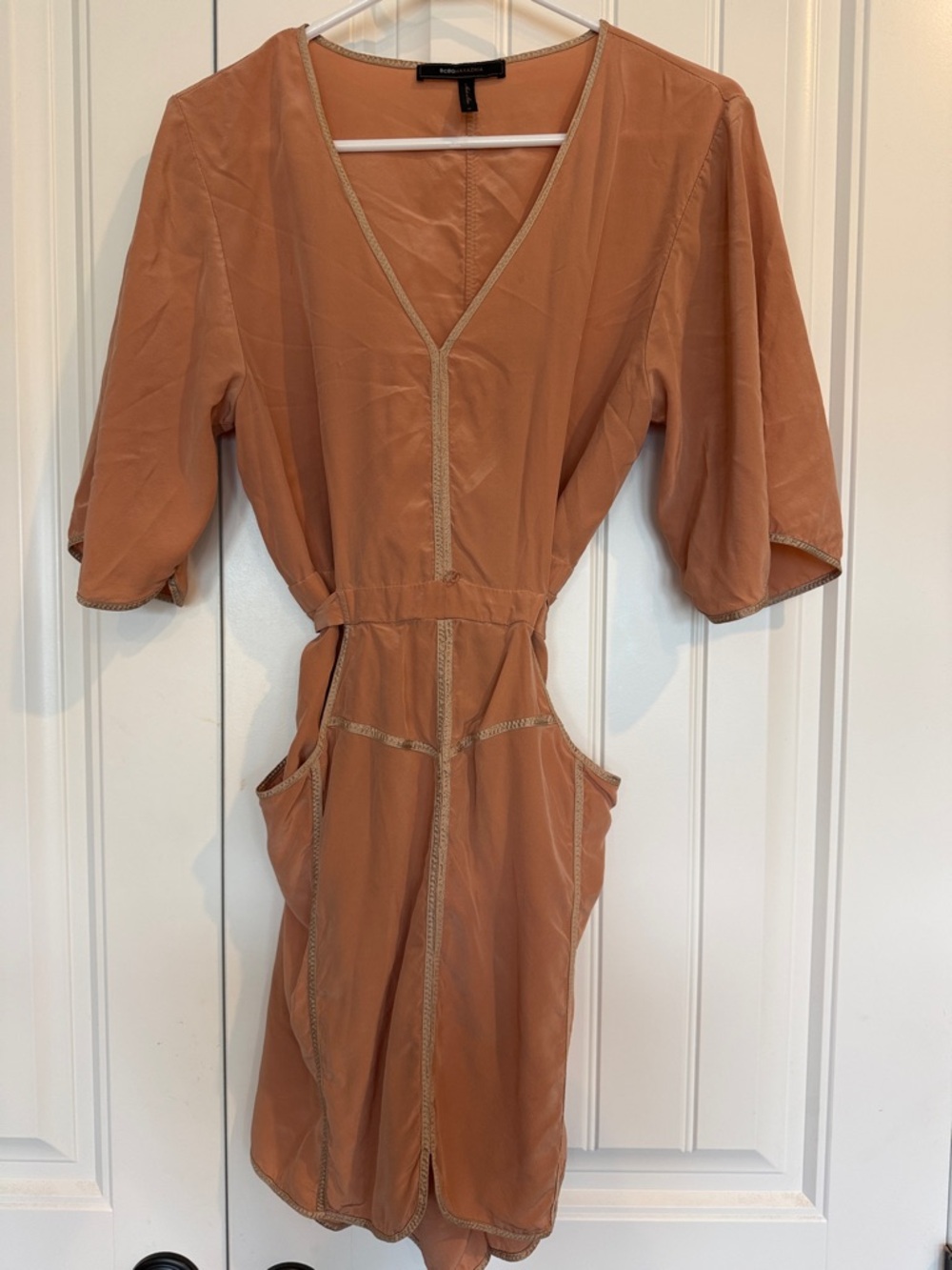 BCBGmaxazria-Peach V-Neck Waist-Tie dress with Trim